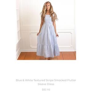 Blue & White Textured Stripe Smocked Flutter Sleeve Dress